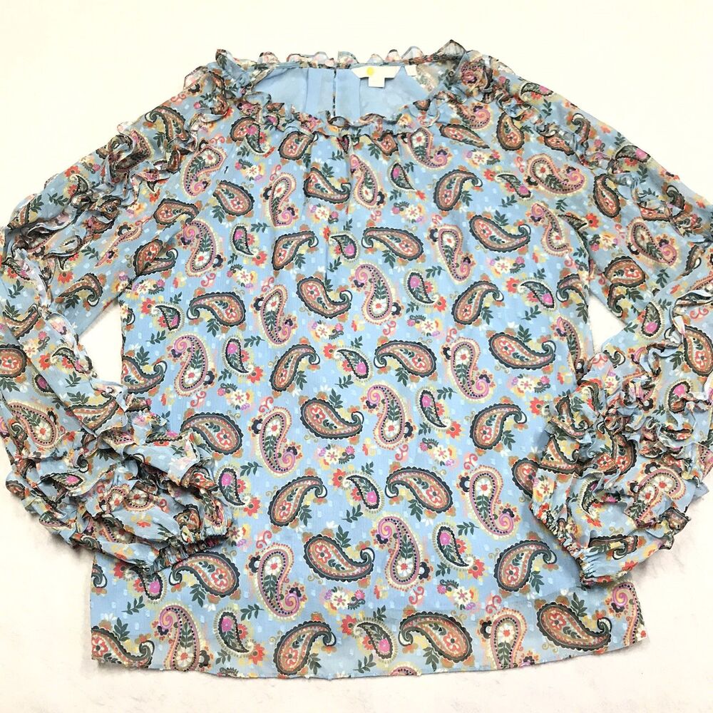 BODEN Ruffle Top Women 8 Blue Paisley Ruched Silky Blouse Tunic Lined Sheer